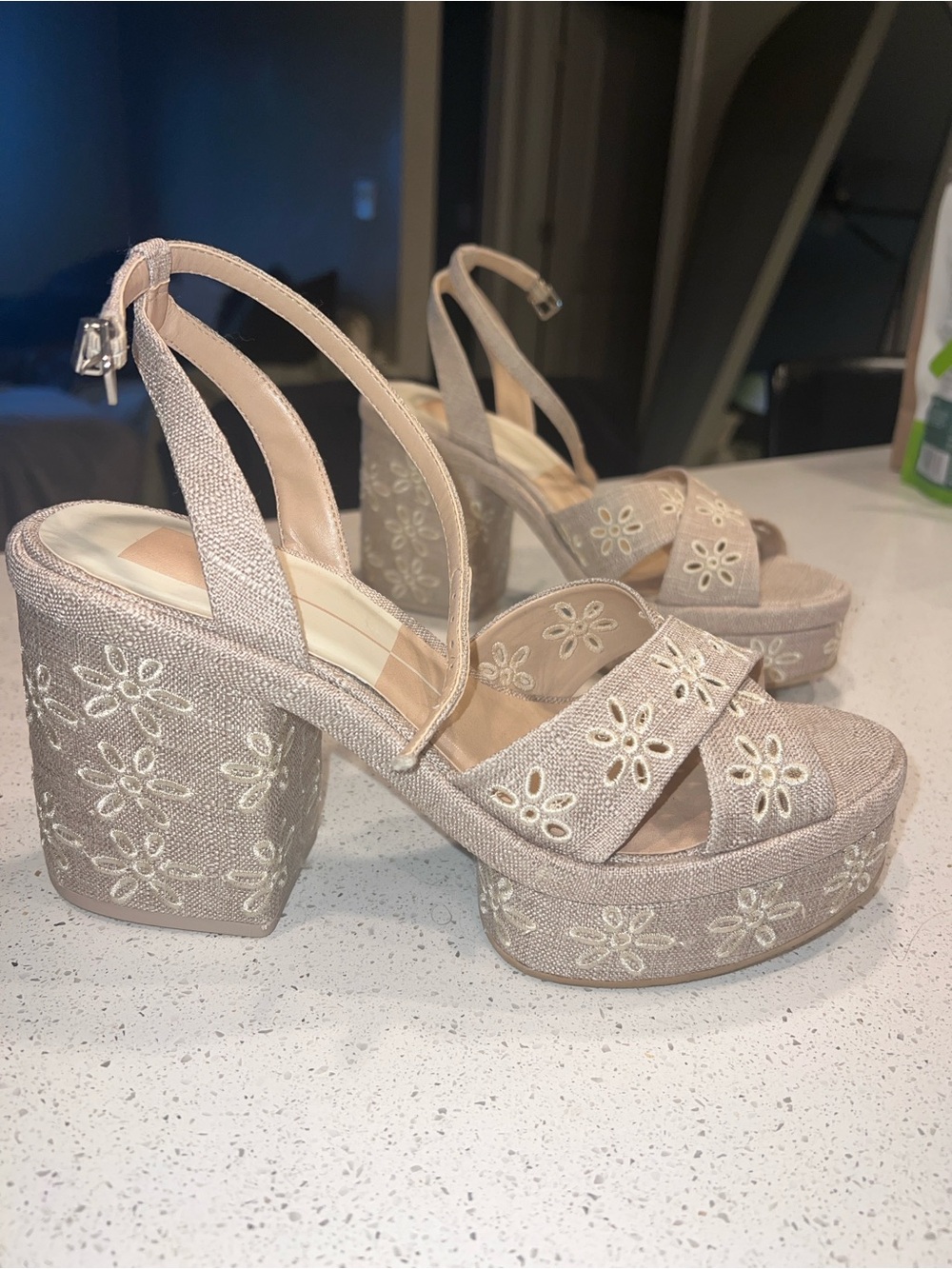 Embroidered Beige Platform Sandals with Ankle Strap - Women